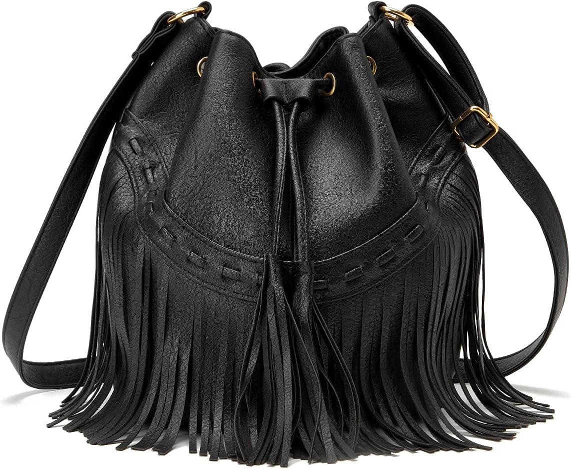 Leather Bucket Bags for Women Crossbody Fringe Purses with Drawstring Ladies Tassel and Shoulder Handbags